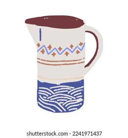 Ceramic pitcher, handmade ceramics. Painted crock, hand-made stoneware, pottery in rustic style. Trendy jug, crockery with ornaments, pattern. Flat vector illustration isolated on white background