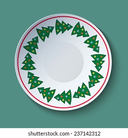 Ceramic plate with Christmas trees ornament. Realistic illustration. Holiday home decor. Free space for object or text. Vector file is EPS10.