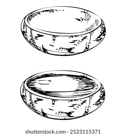 Ceramic plate dish bowl for hobby, handmade, food, empty and filled. Hand drawn in vector pen and ink. Illustration for pottery shop logo, art class, print, website, restaurant or cafe menu, booklet.