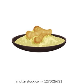 Ceramic plate with ginger powder and root on top. Fragrant spice for food. Cooking ingredient. Flat vector icon