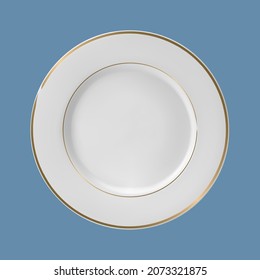 Ceramic plate with gold border. Mock up. Blank for logo or text placement. Vector illustration. Isolated monochromatic background

