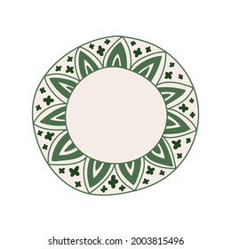 Ceramic plate with hand drawn antique design. Cute porcelain dining tableware with elegant border for cozy home. Vintage doodle colorful pottery. Retro frame mockup for kitchen art.