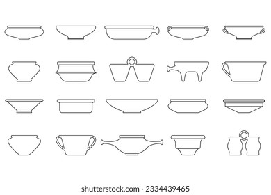 Ceramic plate. Icon side view. Vector illustration dish. Different shapes kitchen bowl. Pottery concept. Traditional crockery for food. Ceramic product. Earthenware product