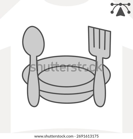 Ceramic plate and spoon with fork isometric icon, tableware concept. Vector graphics. Dishware and platter sign and editable stroke, outline style icon for mobile or web design