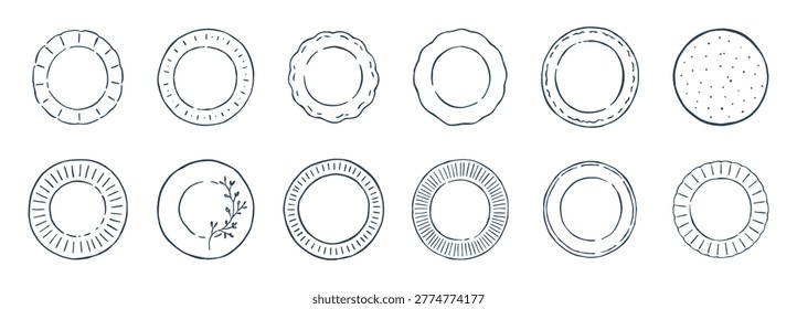 Ceramic plates hand-drawn doodle set. Isolated outline icons of various dinnerware styles with decorative borders and floral patterns. Minimalist linear sketch for kitchen decor and menu design.