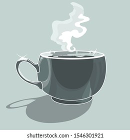 Ceramic or porcelain cup of coffee with a foam from which white steam comes, monochrome illustration in gray tones in vintage style