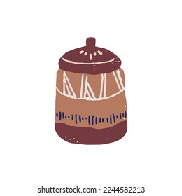 Ceramic pot covered with lid. Handmade ceramics. Hand-made pottery, sugar bowl with enamel ornament. Trendy stoneware design, kitchenware. Flat vector illustration isolated on white background