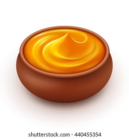 Ceramic Pot of dense Amber Honey Close up Isolated on White Background