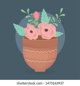 ceramic pot with flowers and leafs decoration