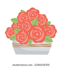Ceramic pot with hand drawn red roses flowers. Vector illustration. Simple flat style.