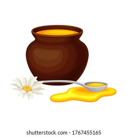 Ceramic Pot with Honey and Daisy Flower Rested Nearby Vector Illustration