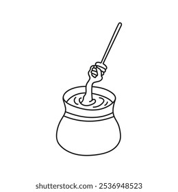 Mel em vaso de cerâmica com água e mel líquido gotejando. Ilustração de rabiscar desenhada à mão.