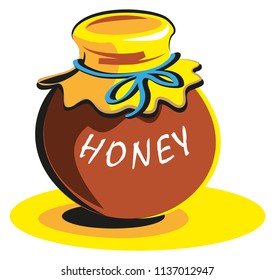 Ceramic pot with honey. Vector illustration cartoon icon isolated on white.