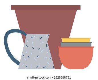Ceramic pot, jug with handle, colorful bowls on white, rustic utensil, handmade pitcher decorated by dots, handicraft dishware, crock souvenir vector