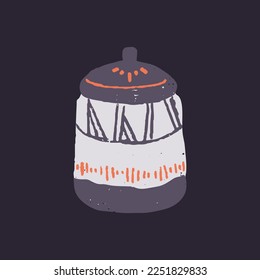 Ceramic pot with lid. Handmade rustic painted ceramics. Hand-made pottery, sugar bowl with ornament in country style. Stoneware design, stylish kitchenware. Isolated flat vector illustration