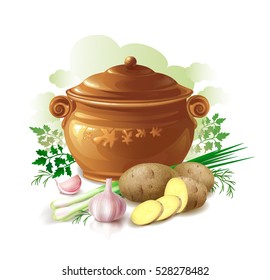 Ceramic pot with potatoes, green onions, garlic and herbs and spices. Vector illustration.