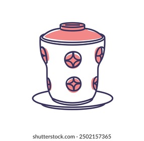 Ceramic pot, soup tureen for serving hot meal, dish, food. Tableware, dishware closed covered with lid. Kitchen vessel, pottery for broth. Flat vector illustration isolated on white background