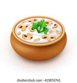Ceramic Pot of Sour Cream Sauce Mayonnaise with Green Parsley and Sliced Champignons Close up Isolated on White Background
