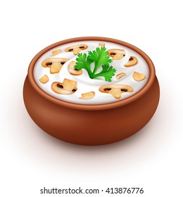 Ceramic Pot of Sour Cream Sauce Mayonnaise with Green Parsley and Sliced Champignons Close up Isolated on White Background