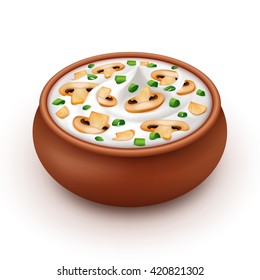 Ceramic Pot of Sour Cream Sauce Mayonnaise with Chopped Green Onion and Sliced Champignons Close up Isolated on White Background