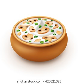 Ceramic Pot of Sour Cream Sauce Mayonnaise with Chopped Green Onion and Sliced Champignons Close up Isolated on White Background