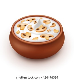 Ceramic Pot of Sour Cream Sauce Mayonnaise with Sliced Mushrooms Champignons Close up Isolated on White Background
