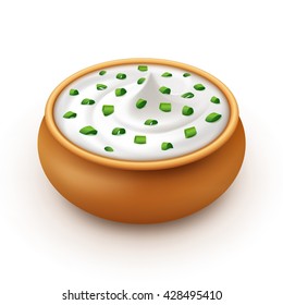 Ceramic Pot of Sour Cream Sauce Tartar Mayonnaise with Chopped Green Onion Close up Isolated on White Background