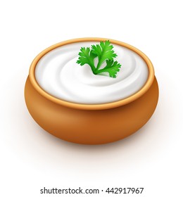 Ceramic Pot of Sour Cream Sauce Mayonnaise with Green Parsley Close up Isolated on White Background