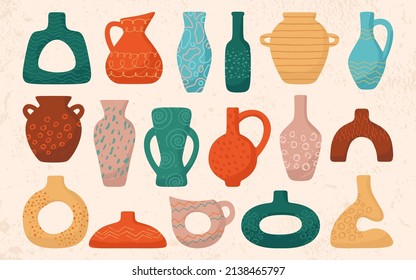 Ceramic pot vase jug or jar bottles hand drawn grunge set. Cozy home decor handmade boho pottery with ornament. Antique vintage various shapes vases, texture vessel form. Trendy vector illustration