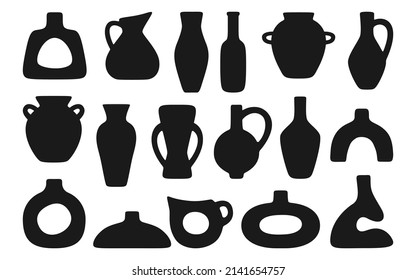 Ceramic pot vase jug or shape jar bottles silhouette set. Cozy home decor handmade boho pottery black form. Antique vintage various vases, hand drawn vessel. Trendy art vector illustration isolated