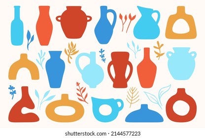 Ceramic pot vase jug or shape jar bottles silhouette set. Cozy home decor handmade boho pottery form and branch leaves. Antique various vases, hand drawn vessel. Trendy art concept vector illustration
