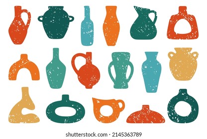 Ceramic pot vase jug or shape jar bottles grunge set. Cozy texture home decor handmade boho pottery form. Antique vintage various vases, hand drawn vessel. Trendy art concept vector illustration