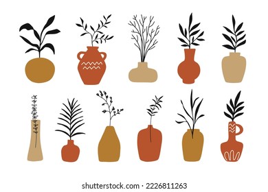 Cacerolas de cerámica y jarrones de arcilla griega con diferentes ramas de plantas decorativas. Colección de siluetas a la moda de estilo retro dibujado a mano. Arte de clip de ilustración de vectores aislado en blanco