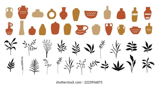 Cacerolas de cerámica y jarrones griegos con diferentes ramas decorativas de plantas de gran colección botánica. Colección de siluetas a la moda de estilo retro dibujado a mano. Arte de clip de ilustración de vectores aislado en blanco