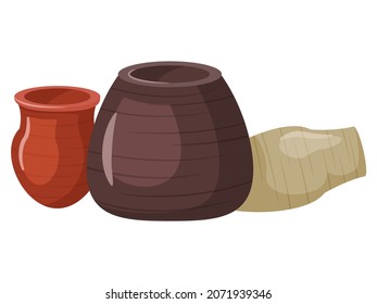 Keramische Töpfe auf isoliertem Hintergrund. Vektorgrafik traditioneller asiatischer Gerichte, Töpferset. Steinzeug, handgemachte Gegenstände aus Ton. Alte Vase, ländliche Kultur, naturbelassene Küche