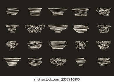 Ceramic pots set. Side view. Silhouette plate in line art style. Vector flat illustration with ditches. Line art boho style. Pottery in vintage modern style