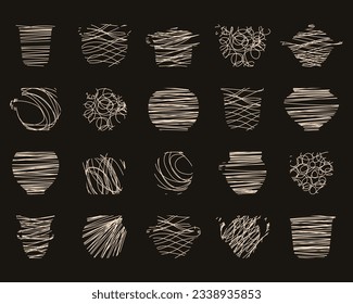 Keramische Töpfe Set. Silhouettenzeichnung aus Linien. Vektorflache Illustration mit Beuteln, Schalen und Vasen. Line Art Boho Stil. Keramik im minimalistischen modernen Stil