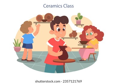 Ceramic and pottery art class. Kids sculpting and creating pottery on potters wheel. Little preschool or primary school girl and boy sitting at table and working with clay. Flat vector illustration