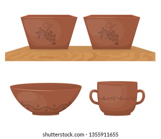 Ceramic pottery. Beautiful clay cups with decorative ornament. Kitchenware, ceramic dishes for cooking, storage eating, rustic pottery utensils. Cups for soup, salads, hot dishes. Vector illustration.