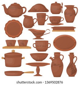 Ceramic pottery. Beautiful clay dishes with a decorative ornament. Kitchenware, ceramic crockery for cooking and storage drinking, antique clay greece pottery. Vector illustration isolated.