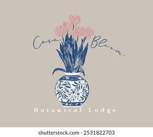 ceramic pottery with flower vector art, tulip flower painting vector art, hand drawn flower with brush texture, Casa  resort vacation artwork for t shirt, sticker, poster, graphic print