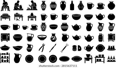 Ceramic pottery studio set with clay workshop silhouettes, artisan craft tools, handmade vases, bowls, porcelain cups, and traditional handicraft icons.