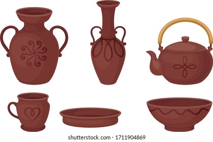 Ceramic Pottery or Utensils with Decorative Ornament Vector Set