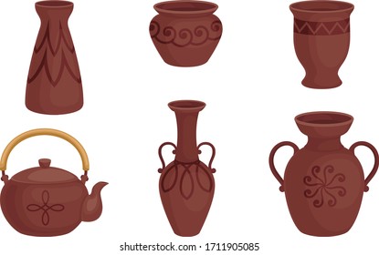 Ceramic Pottery or Utensils with Decorative Ornament Vector Set