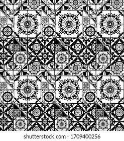 ceramic print in knitting , crochet tiles style. seamless vector pattern.Black and white background.
