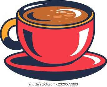 Ceramic red cup with hot sweet cappuccino and foam. Deep handle mug with saucer and hot cocoa drink. Invigorating coffee drinks. Simple cartoon outline vector isolated on white background