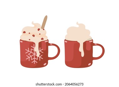 Ceramic red mug. Coffee, tea, cocoa, hot chocolate, whipped cream. Christmas, New Year, cozy winter, holidays. Isolated vector colorful element on a white background. 