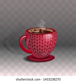 Ceramic red mug with steaming coffee, with a beautiful knitted print. On a transparent background.