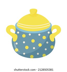 Ceramic saucepan in polka dot pattern. Kitchen utensils and dinnerware. Vector illustration.