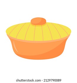 Ceramic saucepan in polka dot pattern. Kitchen utensils and dinnerware. Vector illustration.